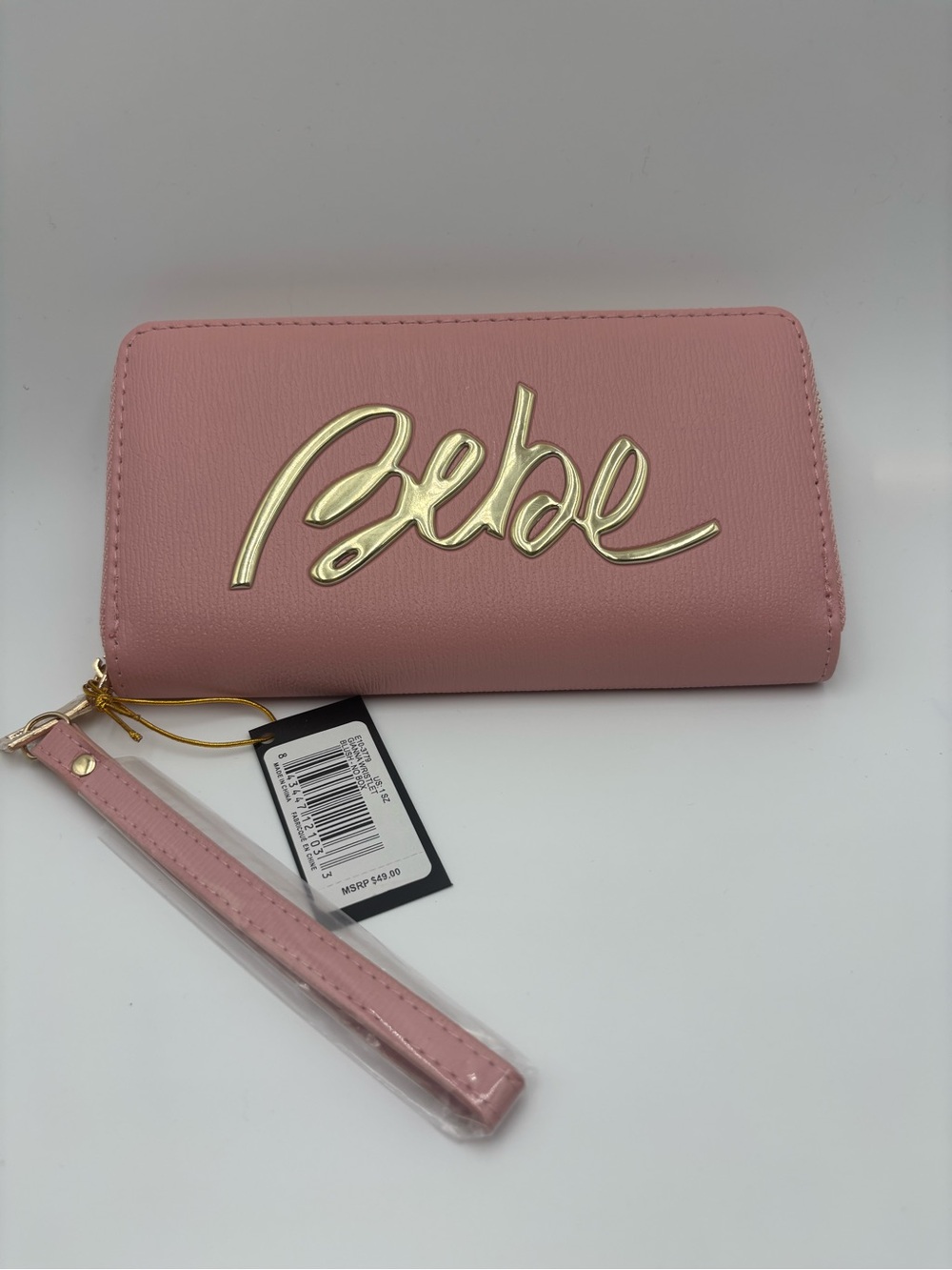 bebe Pink Zip-Around Wristlet Wallet with Gold Logo